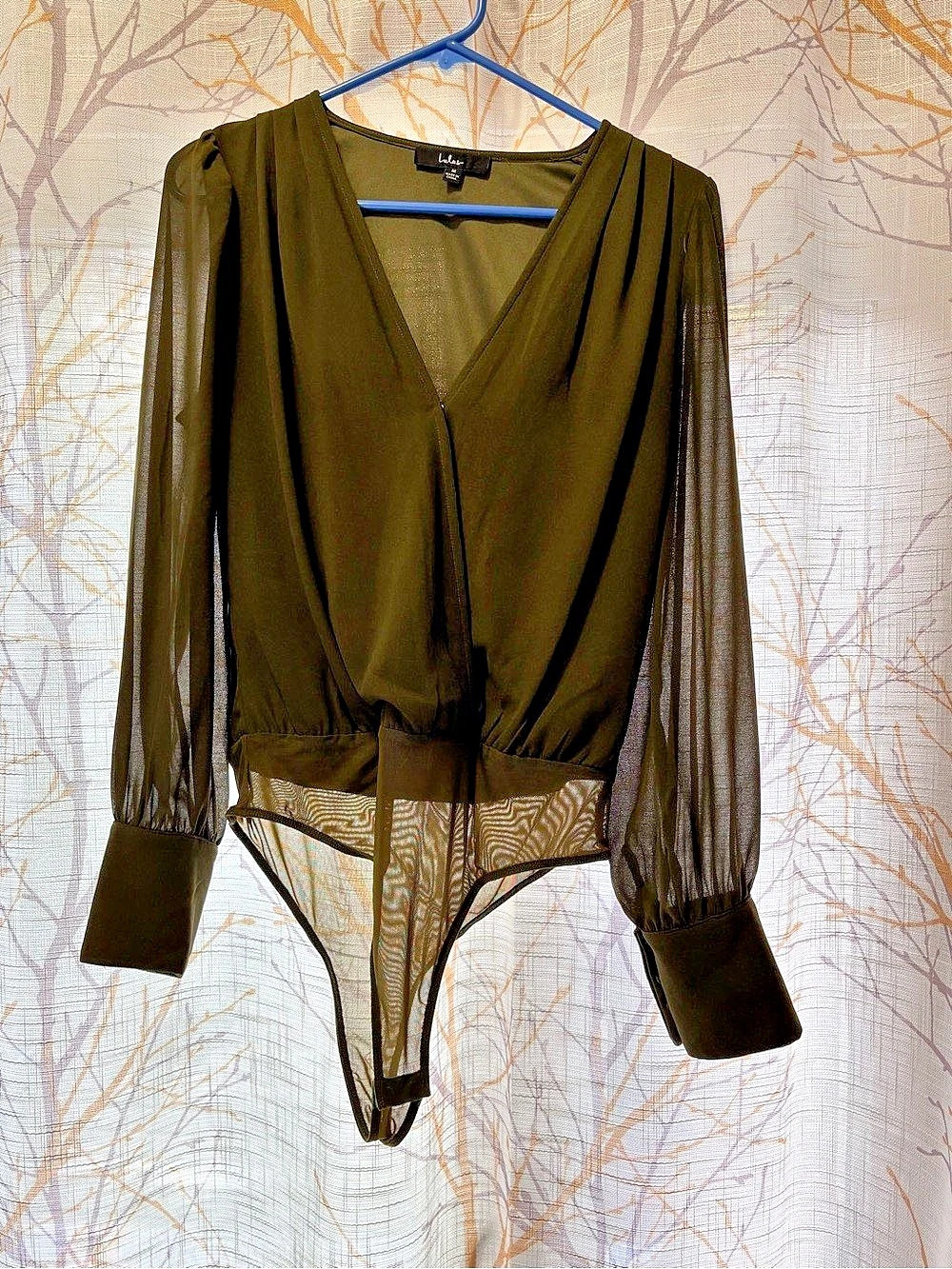 Lulus Sophisticated Aspect Olive Chiffon Surplice Long Sleeve Bodysuit Long
